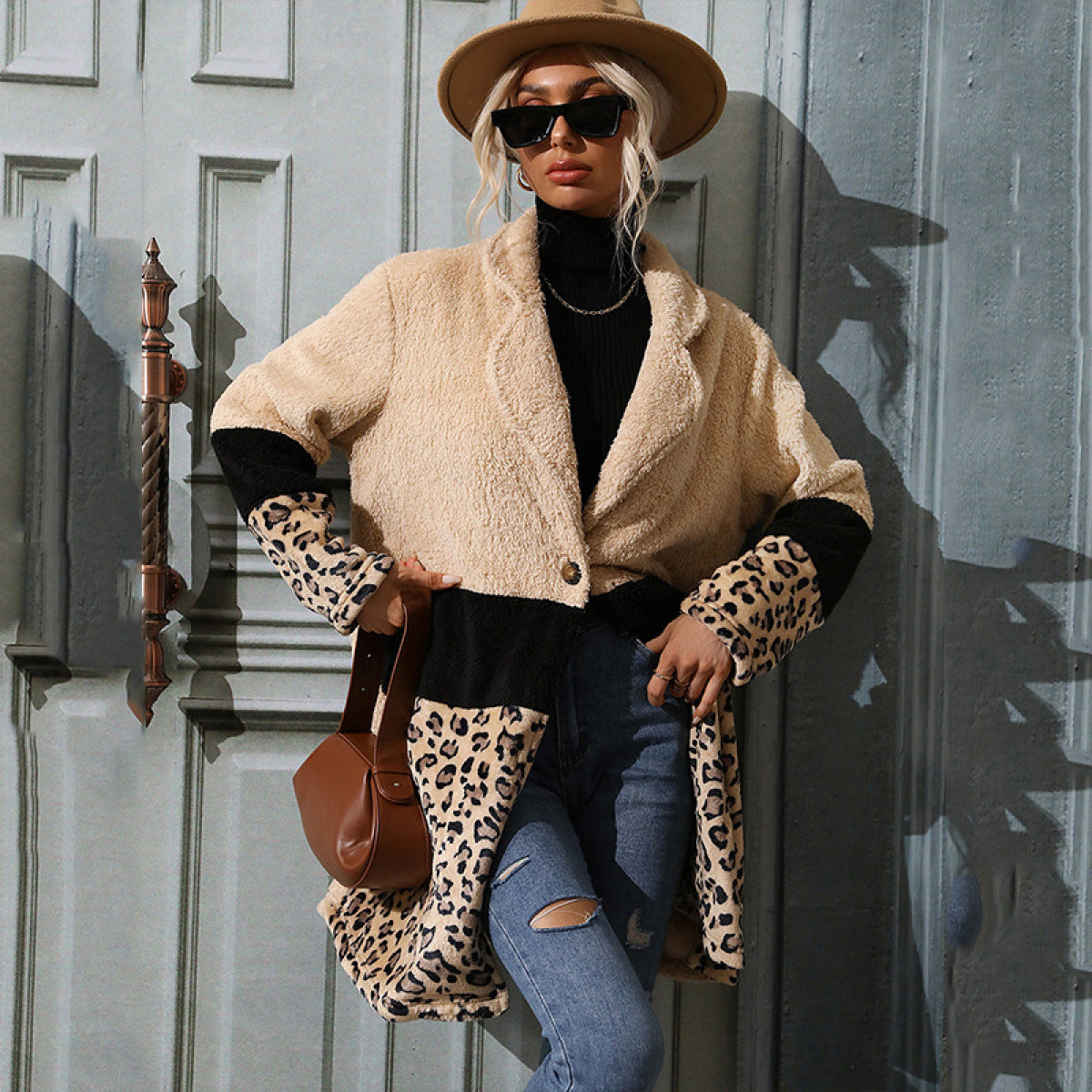 Apricot Collared Neck Leopard Patchwork Coat