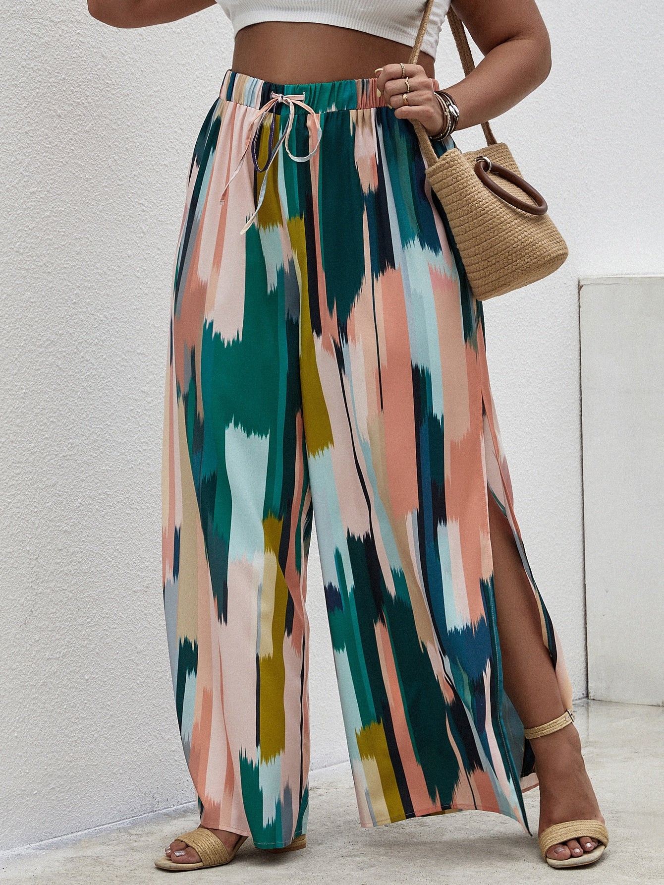 Plus Allover Print Split Wide Leg Pants