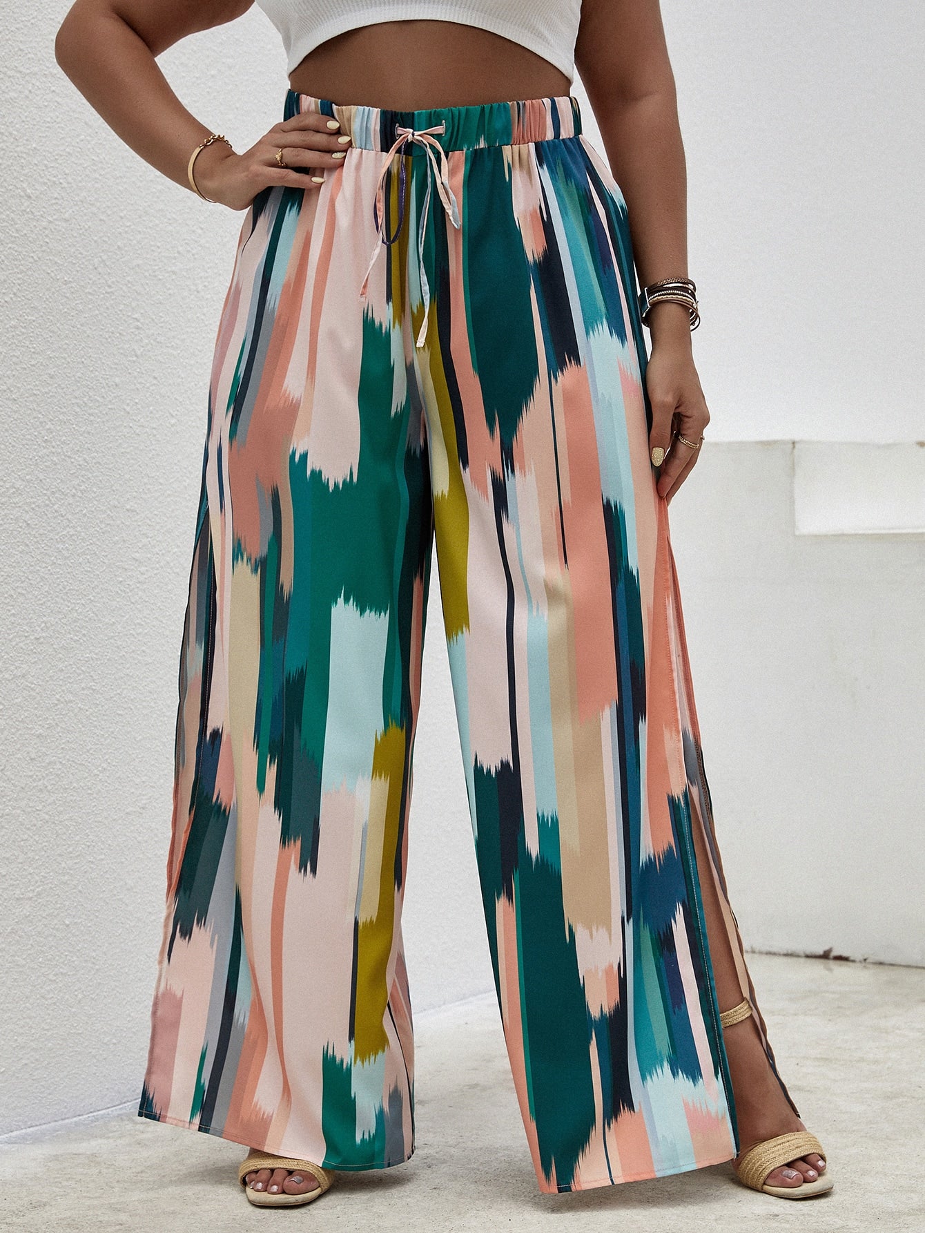 Plus Allover Print Split Wide Leg Pants