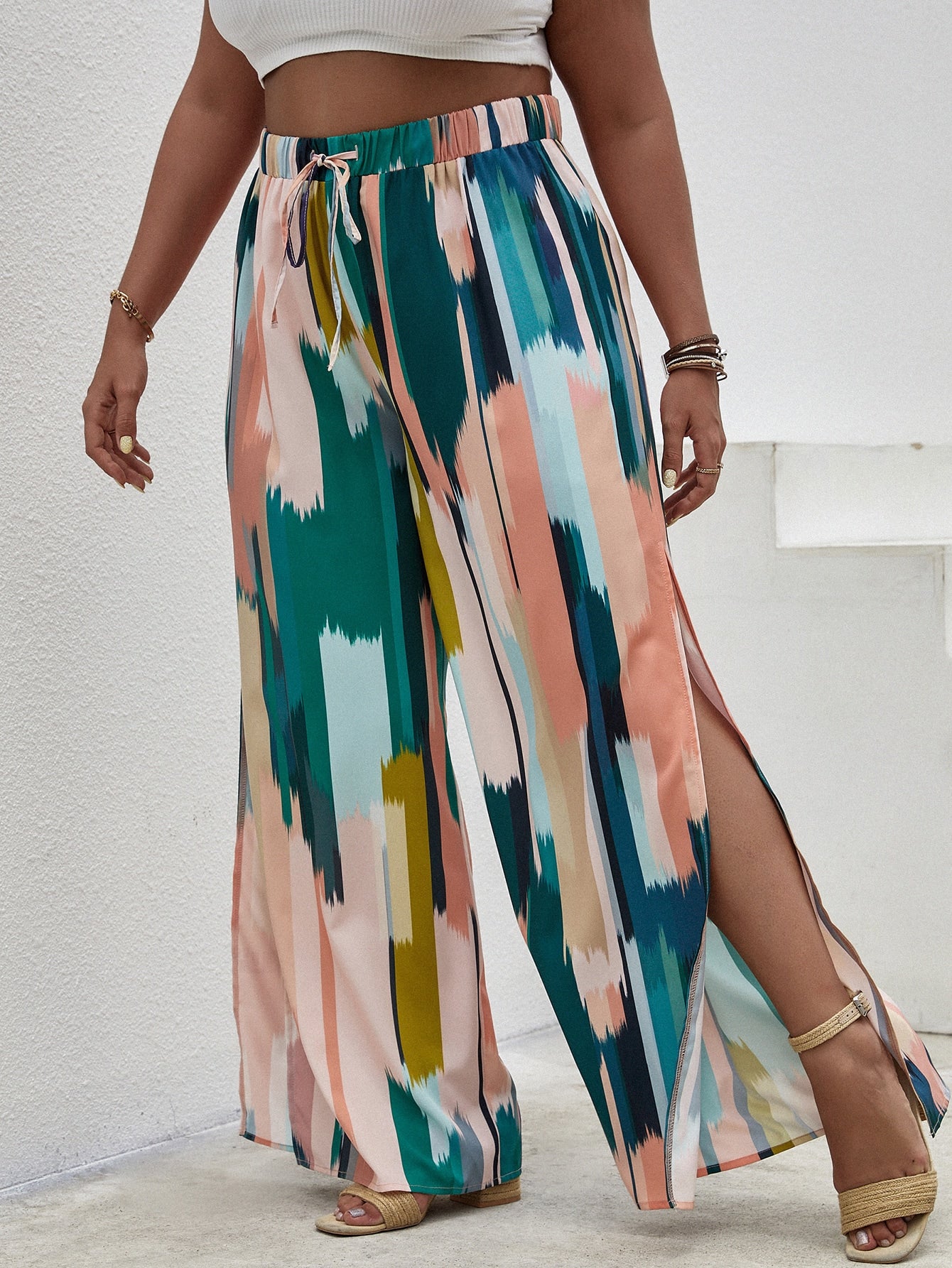 Plus Allover Print Split Wide Leg Pants