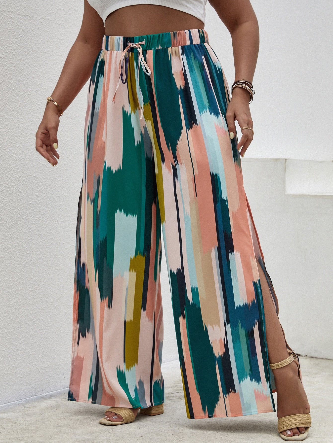 Plus Allover Print Split Wide Leg Pants