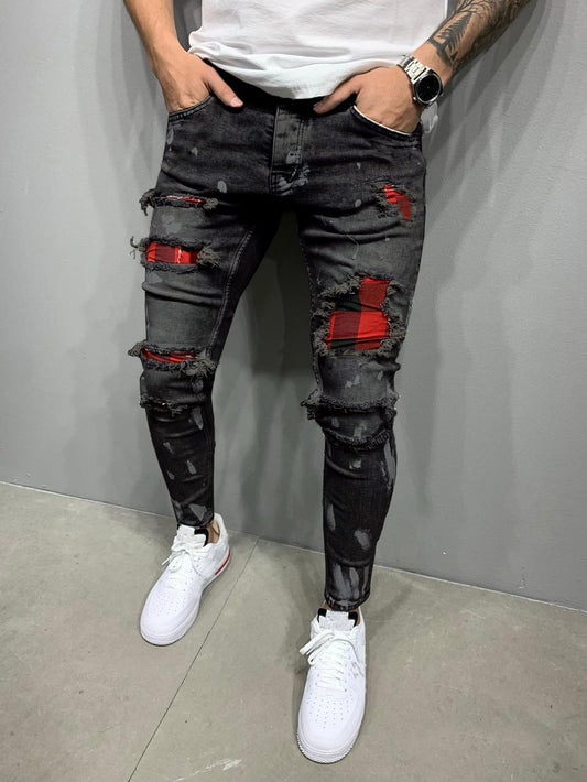 ROMWE Guys Plaid Spliced Ripped Jeans