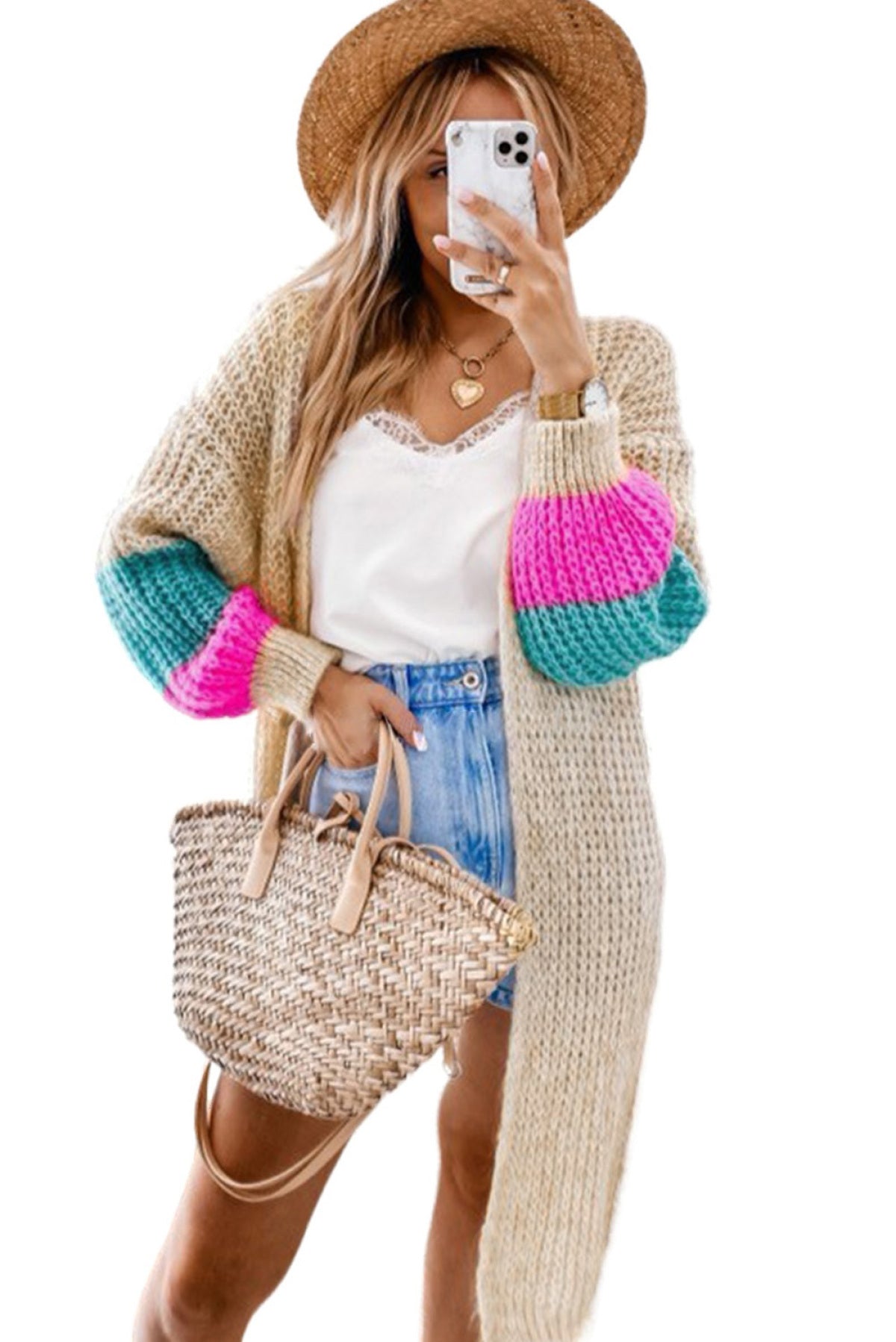 Green Color Block Drop Shoulder Knitted Long Cardigan