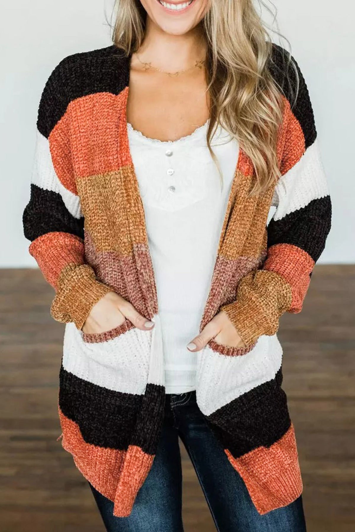 Multicolor Striped Color Block Open Front Cardigan