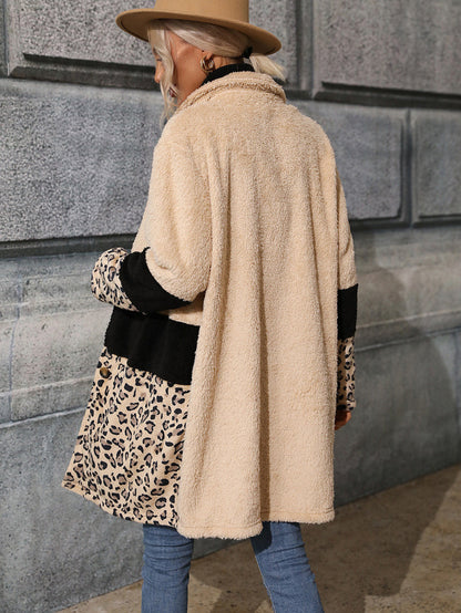 Apricot Collared Neck Leopard Patchwork Coat