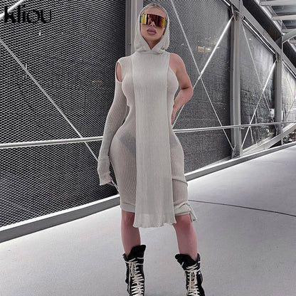 Kliou Knitted Dress Women Sexy See Through X Long Hoody Tops+One