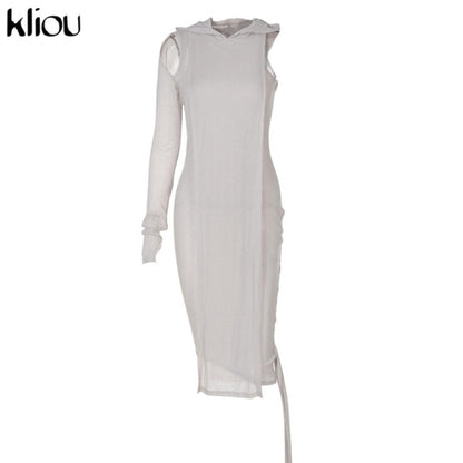 Kliou Knitted Dress Women Sexy See Through X Long Hoody Tops+One