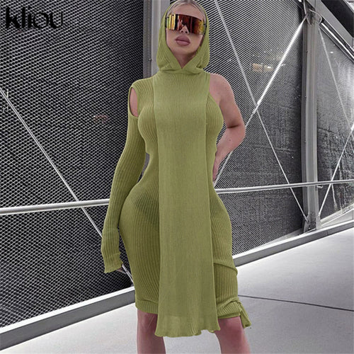 Kliou Knitted Dress Women Sexy See Through X Long Hoody Tops+One