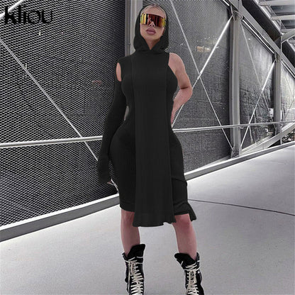 Kliou Knitted Dress Women Sexy See Through X Long Hoody Tops+One