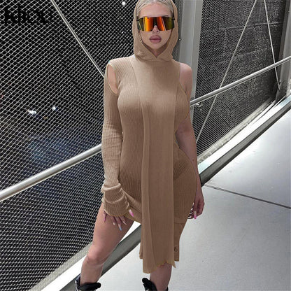 Kliou Knitted Dress Women Sexy See Through X Long Hoody Tops+One