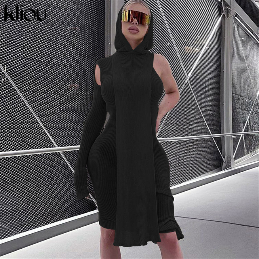 Kliou Knitted Dress Women Sexy See Through X Long Hoody Tops+One