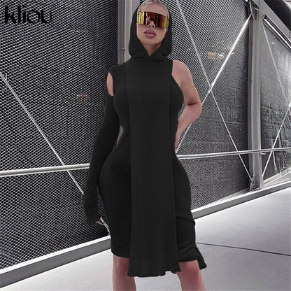 Kliou Knitted Dress Women Sexy See Through X Long Hoody Tops+One