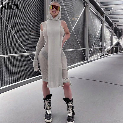 Kliou Knitted Dress Women Sexy See Through X Long Hoody Tops+One