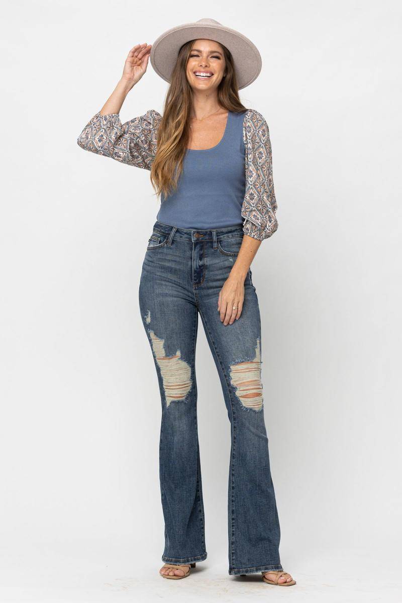 Judy Blue High Waist Tall Knee Destroy Flare Jeans