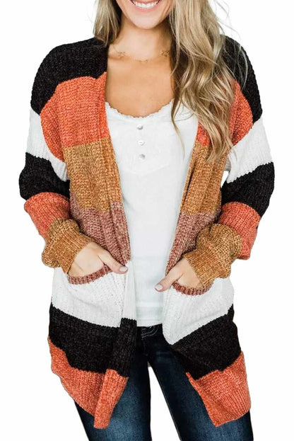 Multicolor Striped Color Block Open Front Cardigan