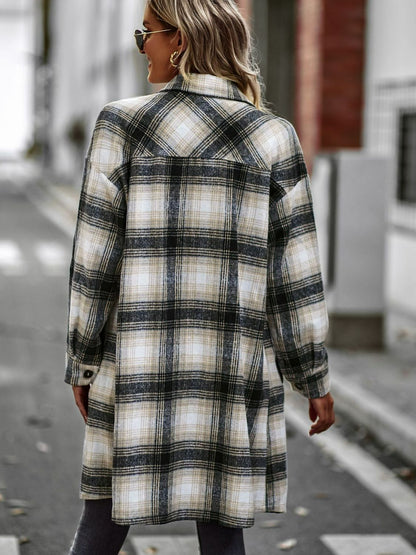 Plaid Button-Up Longline Jacket with Pockets