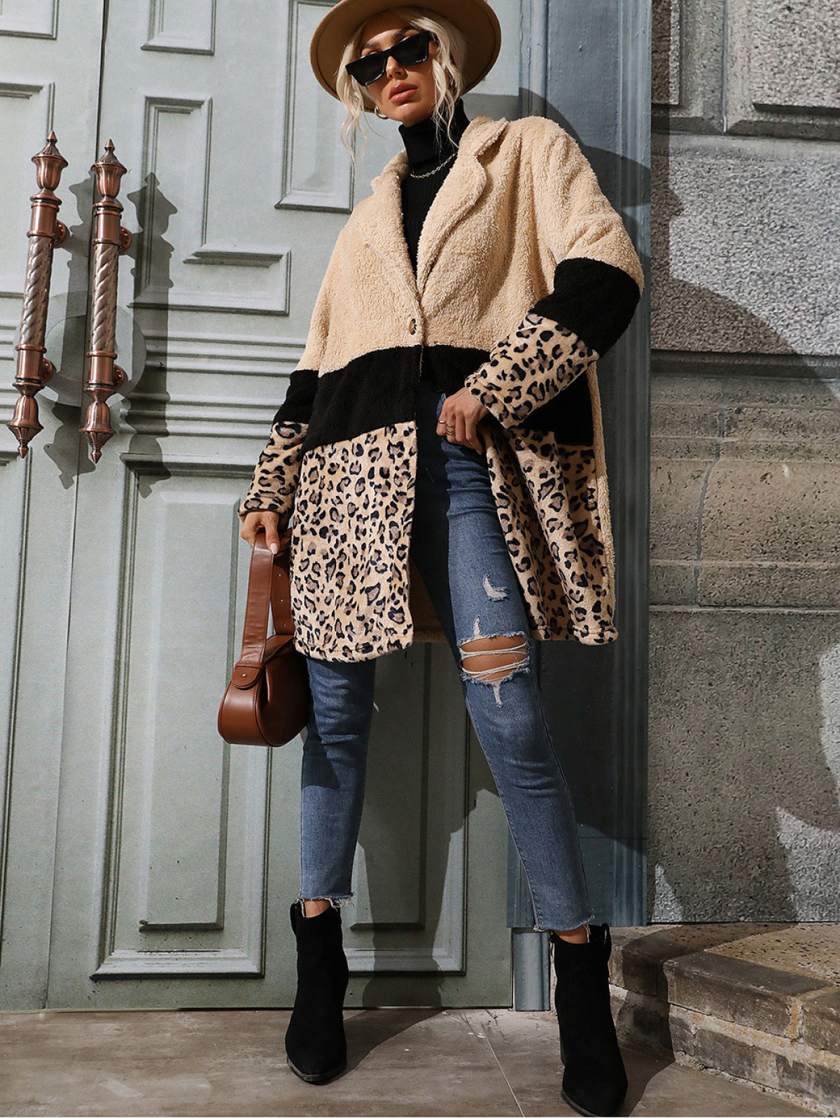 Apricot Collared Neck Leopard Patchwork Coat