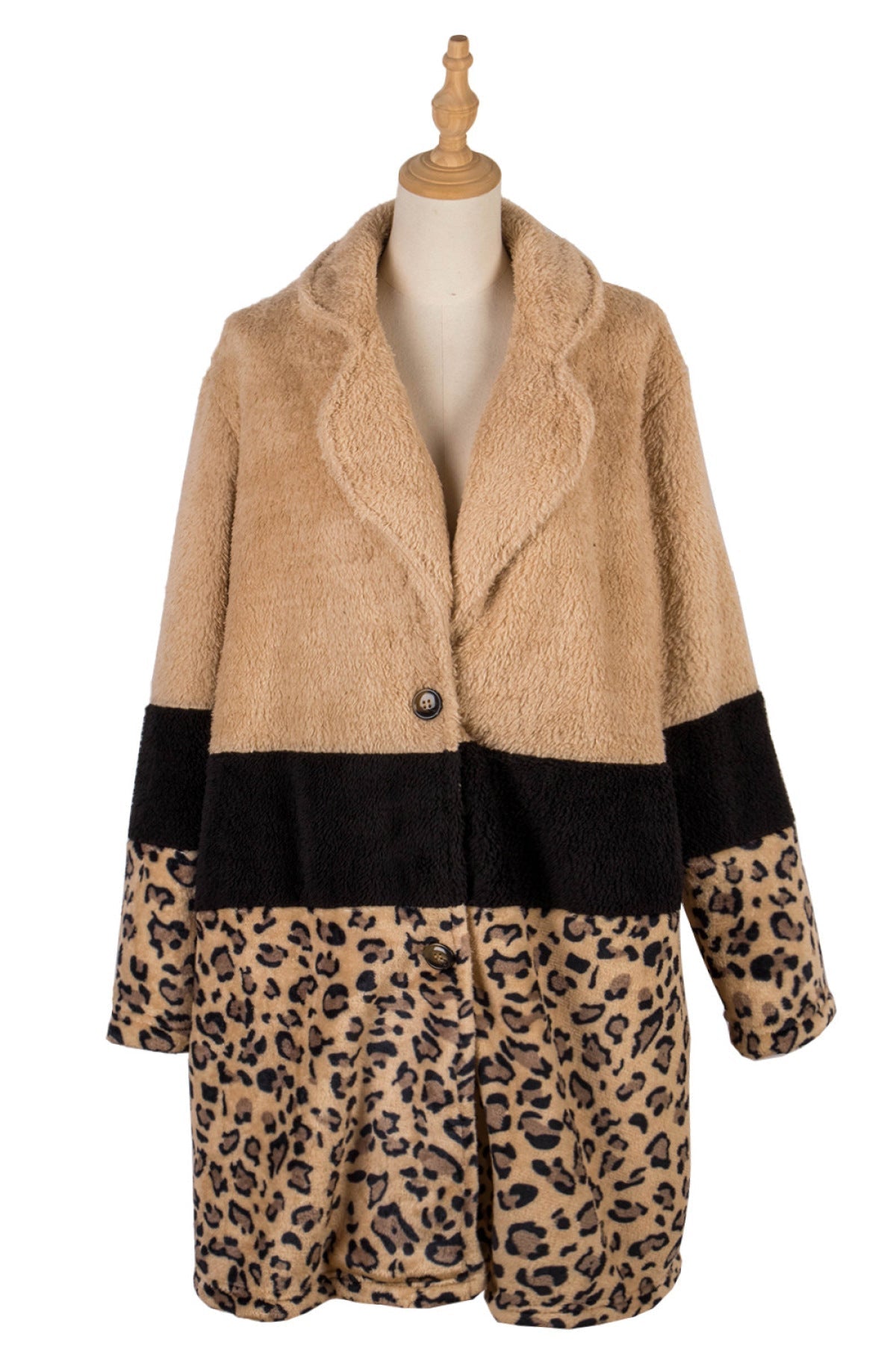 Apricot Collared Neck Leopard Patchwork Coat