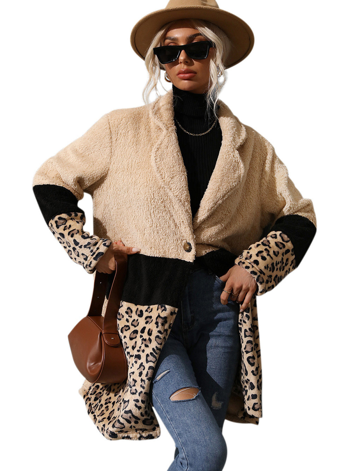 Apricot Collared Neck Leopard Patchwork Coat