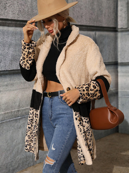 Apricot Collared Neck Leopard Patchwork Coat