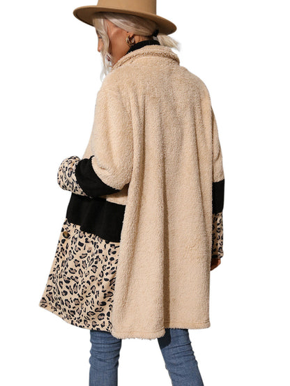 Apricot Collared Neck Leopard Patchwork Coat