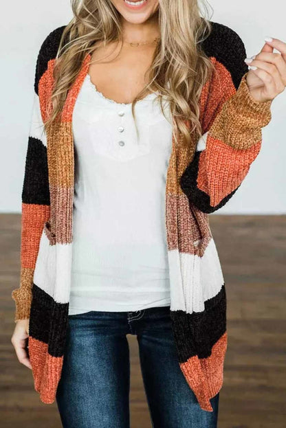 Multicolor Striped Color Block Open Front Cardigan