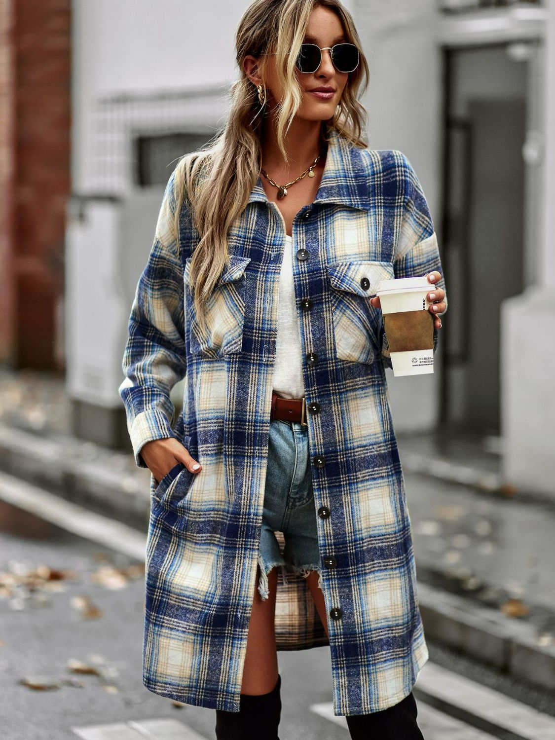 Plaid Button-Up Longline Jacket with Pockets