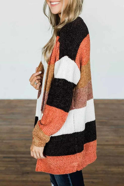 Multicolor Striped Color Block Open Front Cardigan